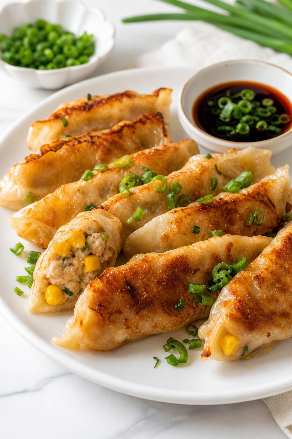A plate of pan-fried minced chicken and corn gyoza with dipping sauce and green onion garnish on a white plate.