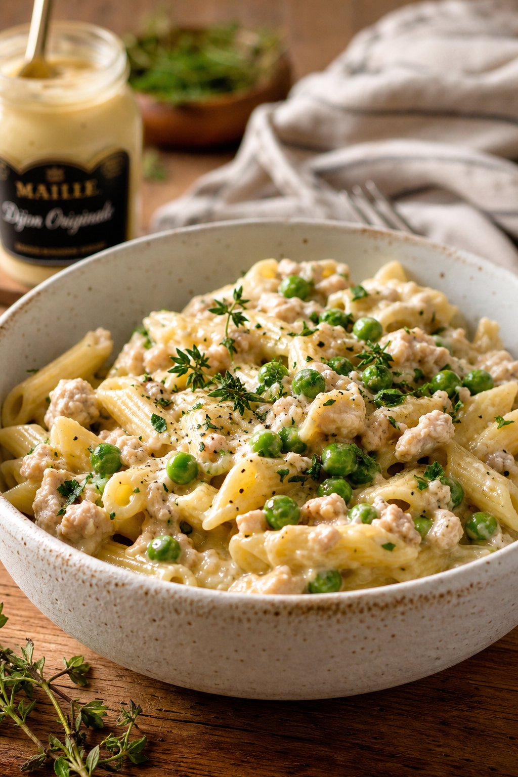 A bowl of creamy minced chicken and pea pasta garnished with fresh herbs on a wooden table.