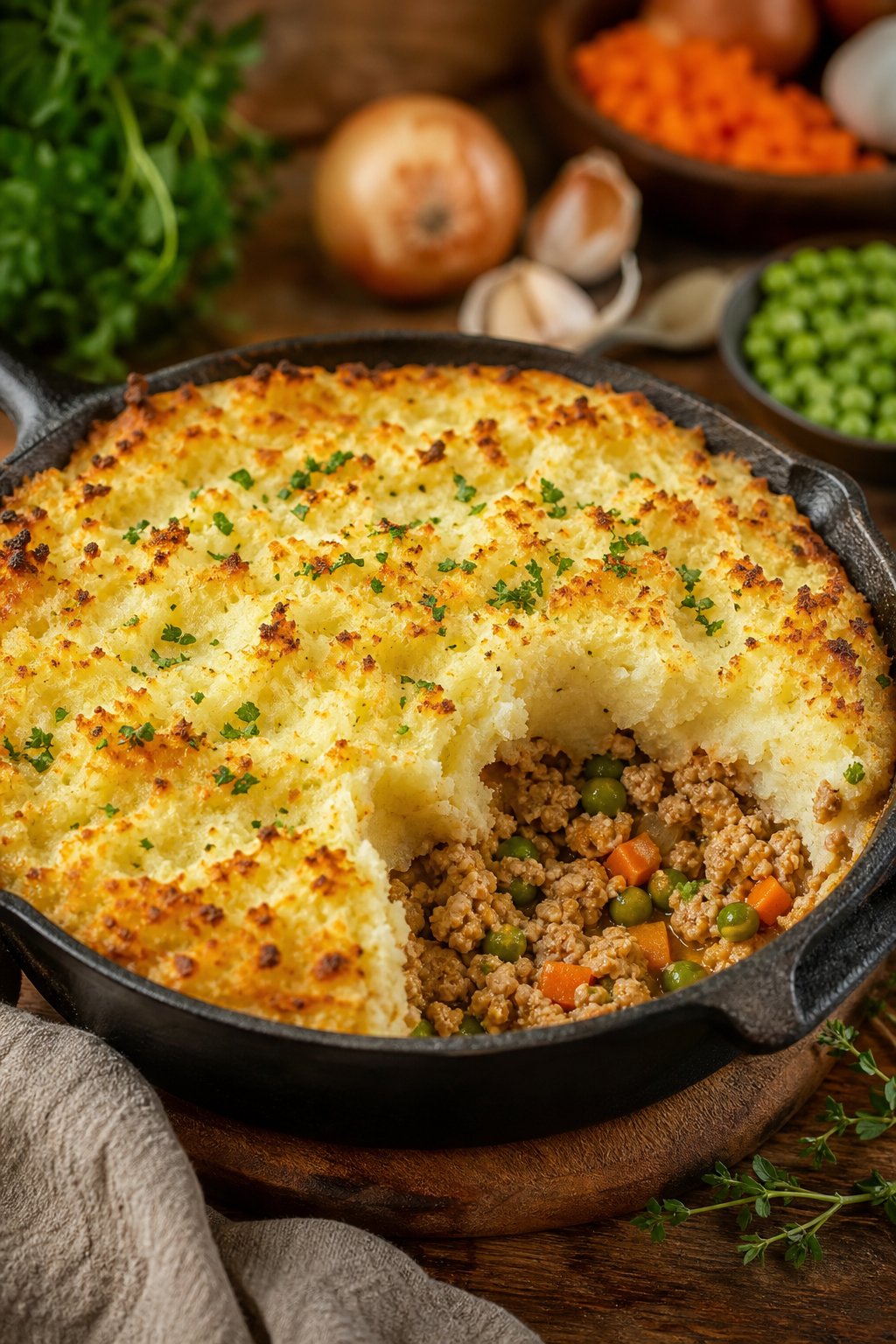 A skillet filled with minced chicken shepherd’s pie topped with golden mashed potatoes on a wooden table with fresh vegetables around it.