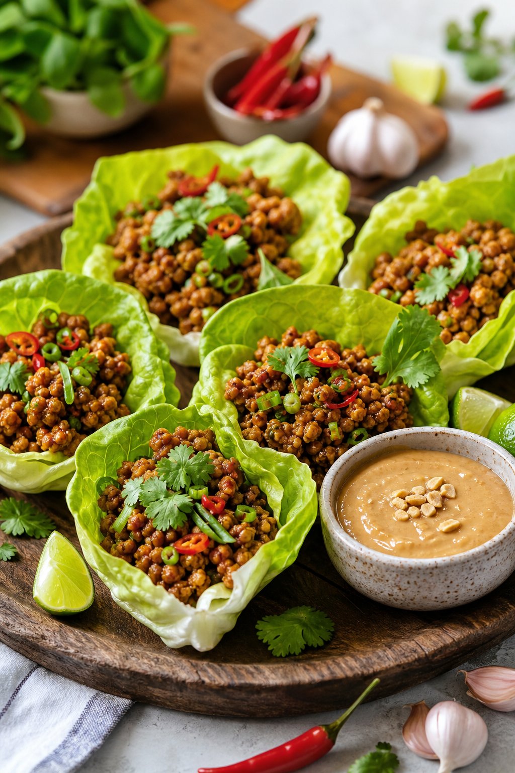 A platter of minced chicken lettuce cups with peanut sauce in a small bowl, surrounded by fresh herbs and ingredients on a wooden surface.