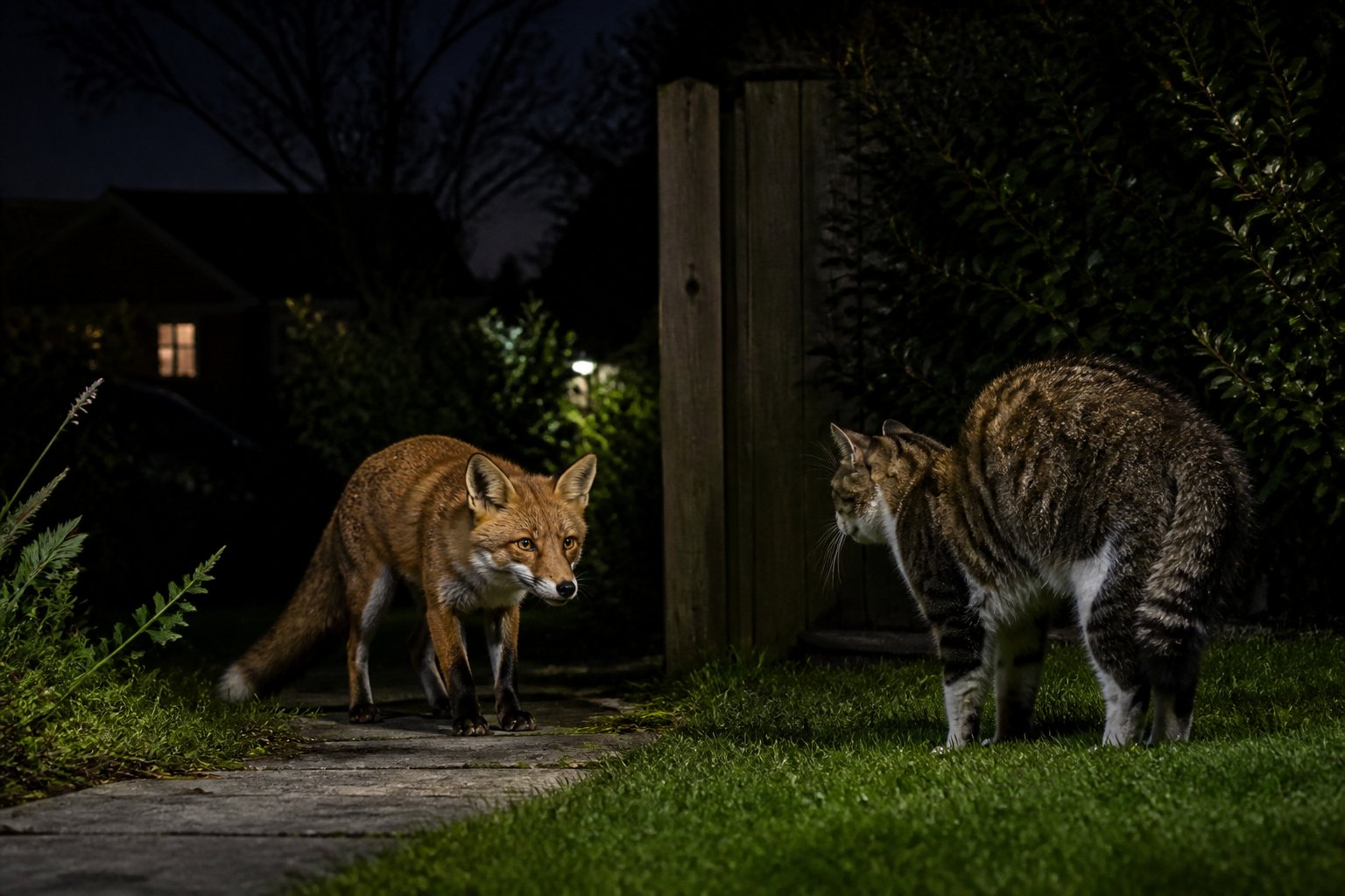 A red fox and a domestic cat face each other cautiously in a dimly lit backyard at night.