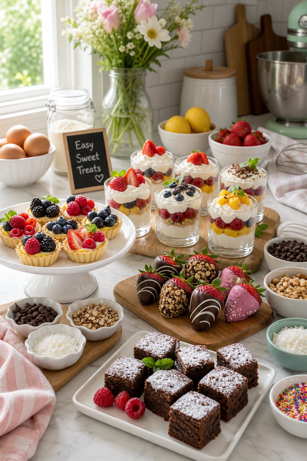 A kitchen countertop displaying a variety of small, colorful desserts including fruit tarts, chocolate strawberries, parfaits, and brownies arranged on plates and boards.