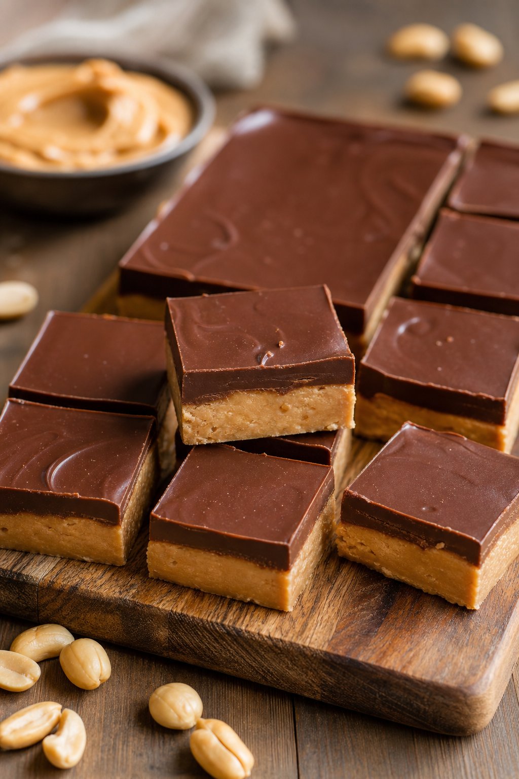 Close-up of no-bake chocolate peanut butter bars cut into squares on a wooden board with peanuts and peanut butter nearby.
