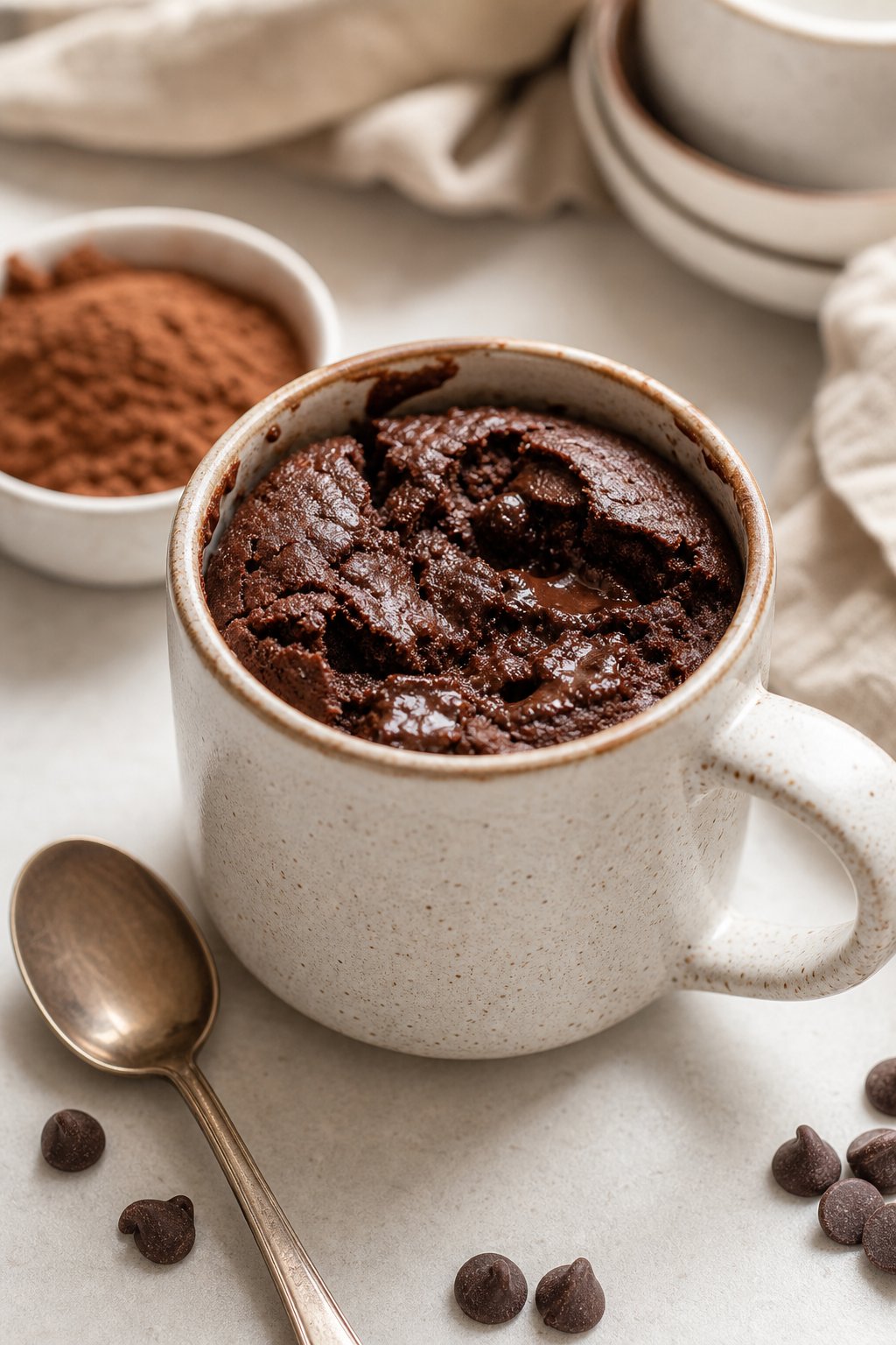 A ceramic mug filled with a chocolate brownie on a kitchen countertop, with a spoon and chocolate chips nearby.