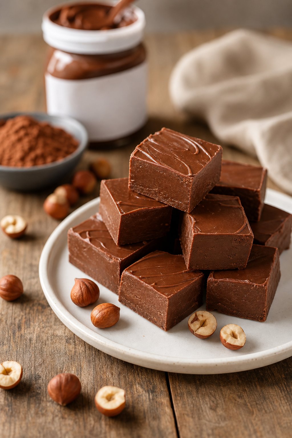 Close-up of several Nutella fudge squares on a white plate with hazelnuts scattered around on a wooden table.