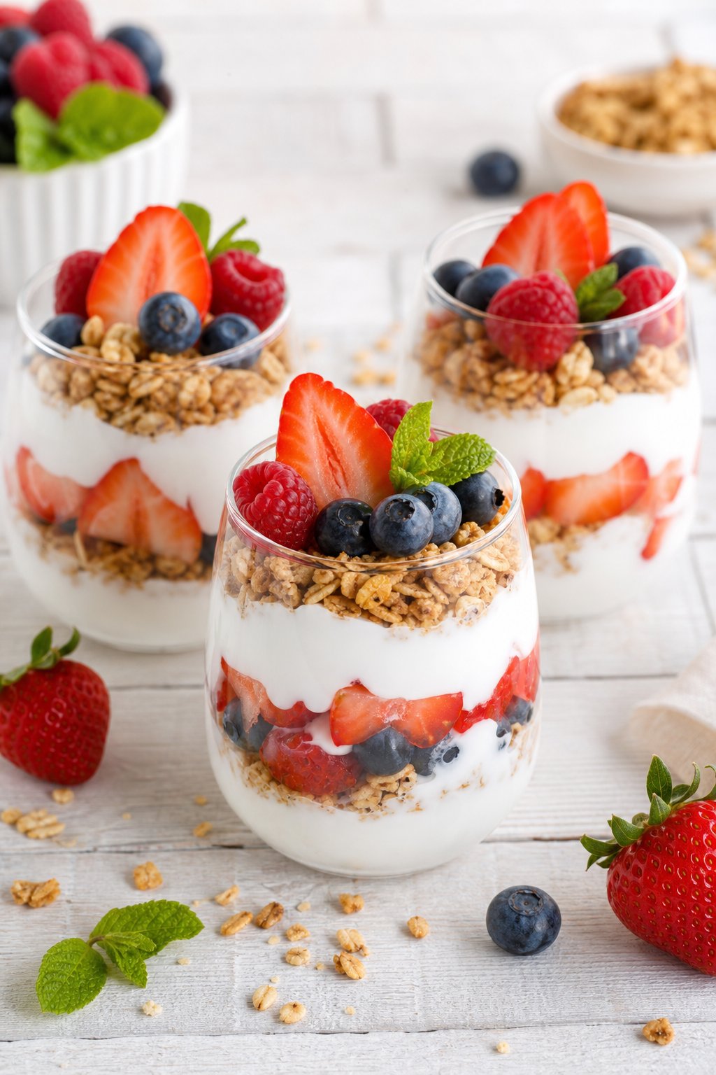 Three glass cups filled with layers of Greek yogurt, mixed berries, and granola on a wooden table with fresh berries around.