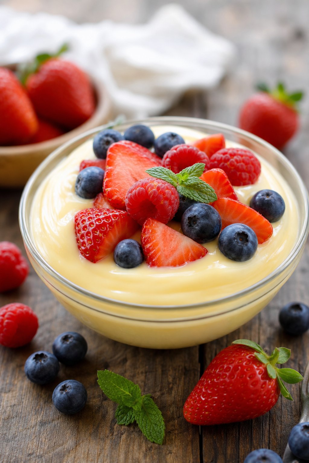 A bowl of vanilla pudding topped with fresh strawberries, blueberries, and raspberries on a wooden table.