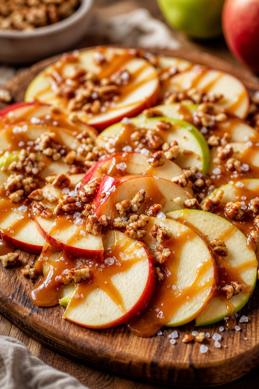 A plate of thinly sliced green and red apples drizzled with salted caramel sauce and sprinkled with nuts on a wooden board.