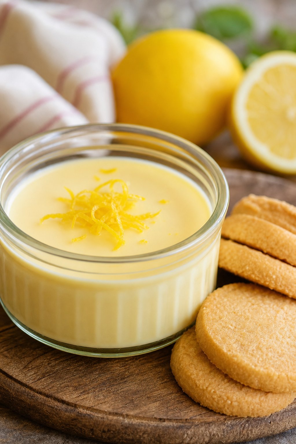 A lemon posset dessert in a glass ramekin with lemon zest on top, served alongside golden shortbread cookies on a wooden surface.