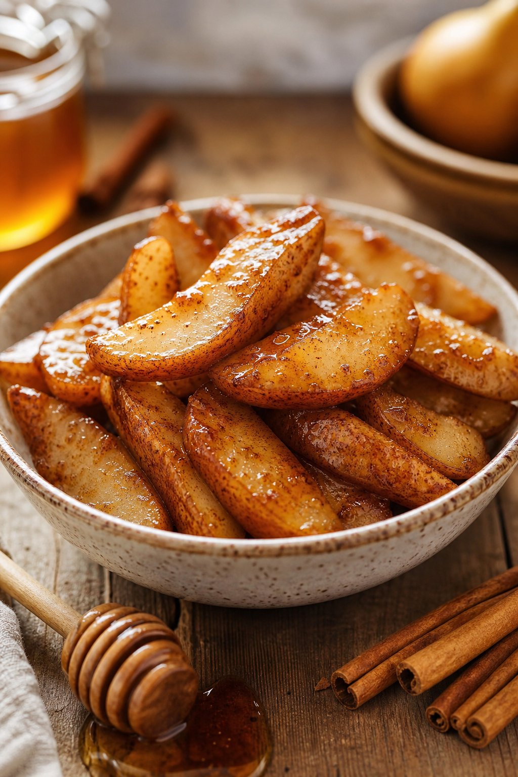 Bowl of honey-roasted cinnamon pears with cinnamon sticks and honey dipper on a wooden table.