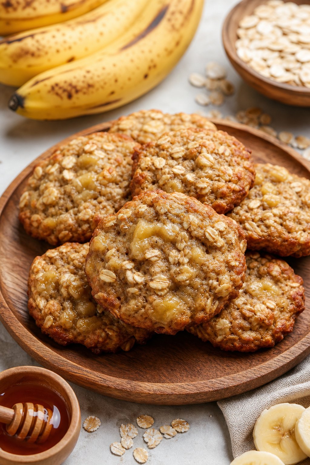 A plate of freshly baked banana oat cookies with bananas and oats nearby on a wooden surface.