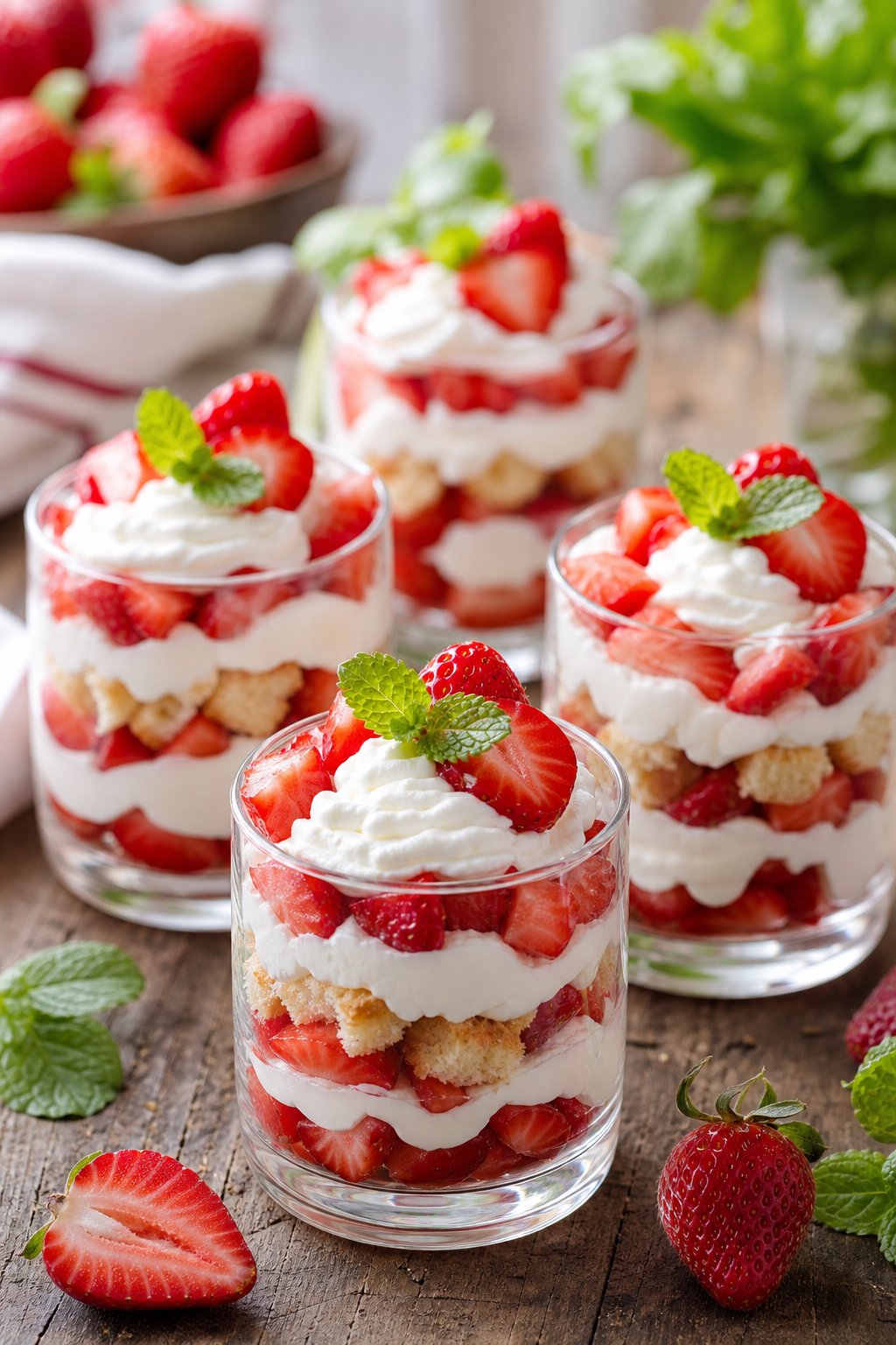 Three glass cups filled with layers of sliced strawberries, whipped cream, and shortcake pieces on a wooden table.