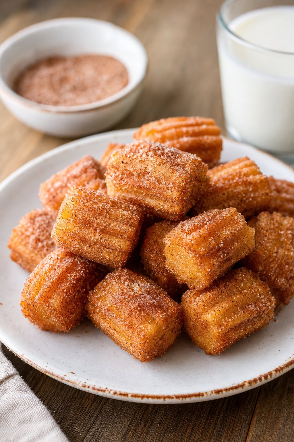 Close-up of cinnamon sugar churro bites on a plate with a bowl of cinnamon sugar and a glass of milk on a wooden table.