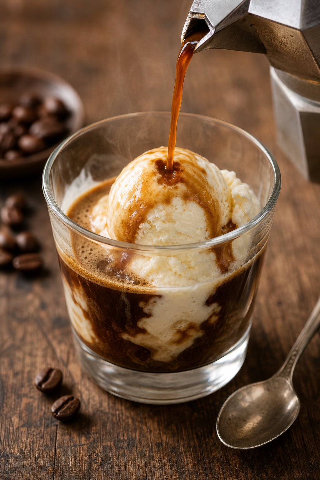 A glass cup of espresso being poured over a scoop of vanilla ice cream on a wooden table.