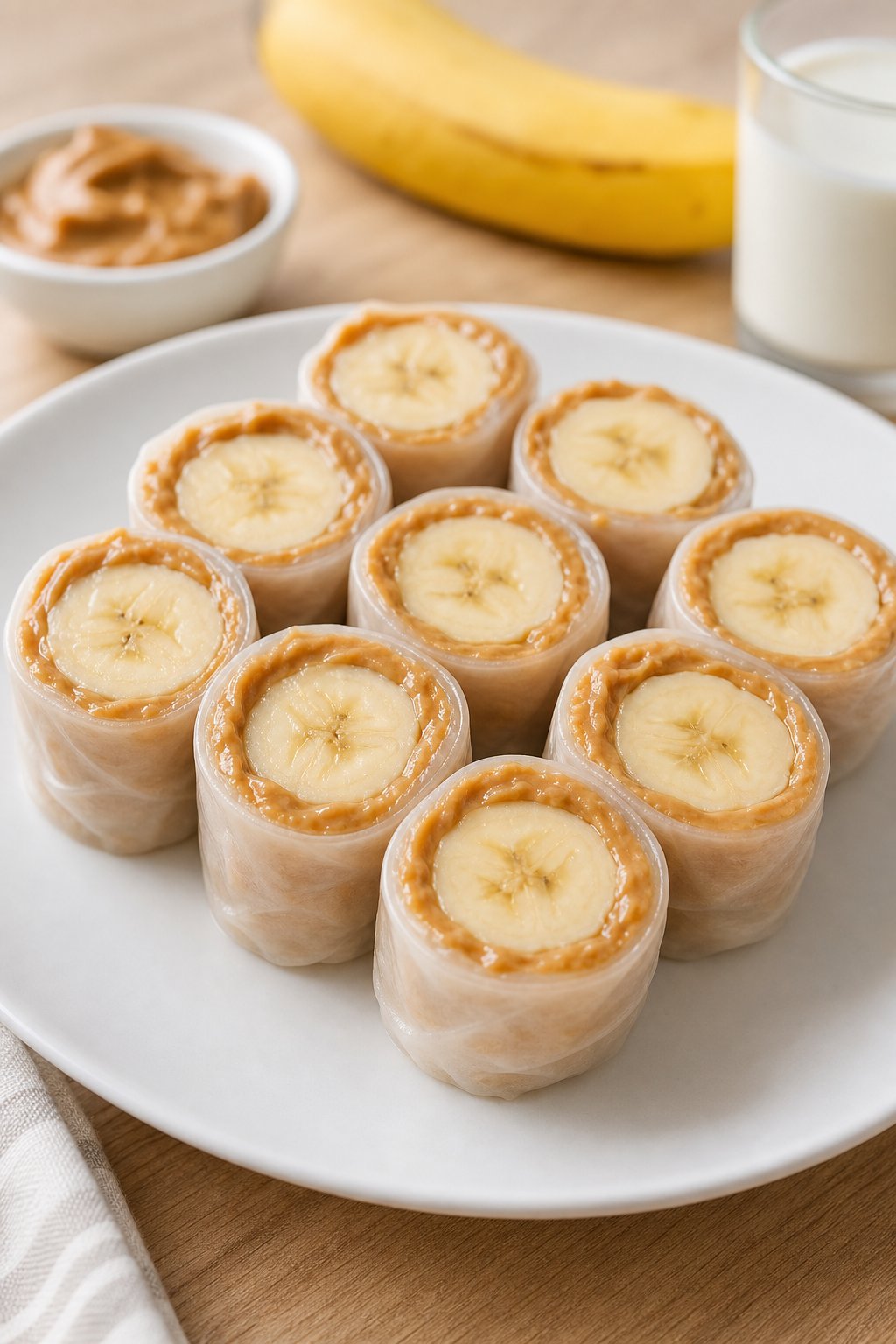 A plate of peanut butter banana sushi rolls arranged on a wooden table with a bowl of peanut butter and a banana in the background.