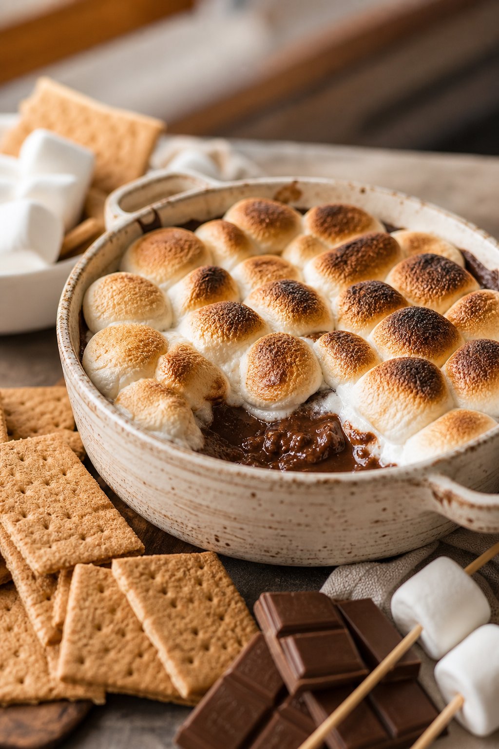 A warm dish of melted s'mores dip topped with toasted marshmallows, surrounded by graham crackers and chocolate pieces on a kitchen countertop.