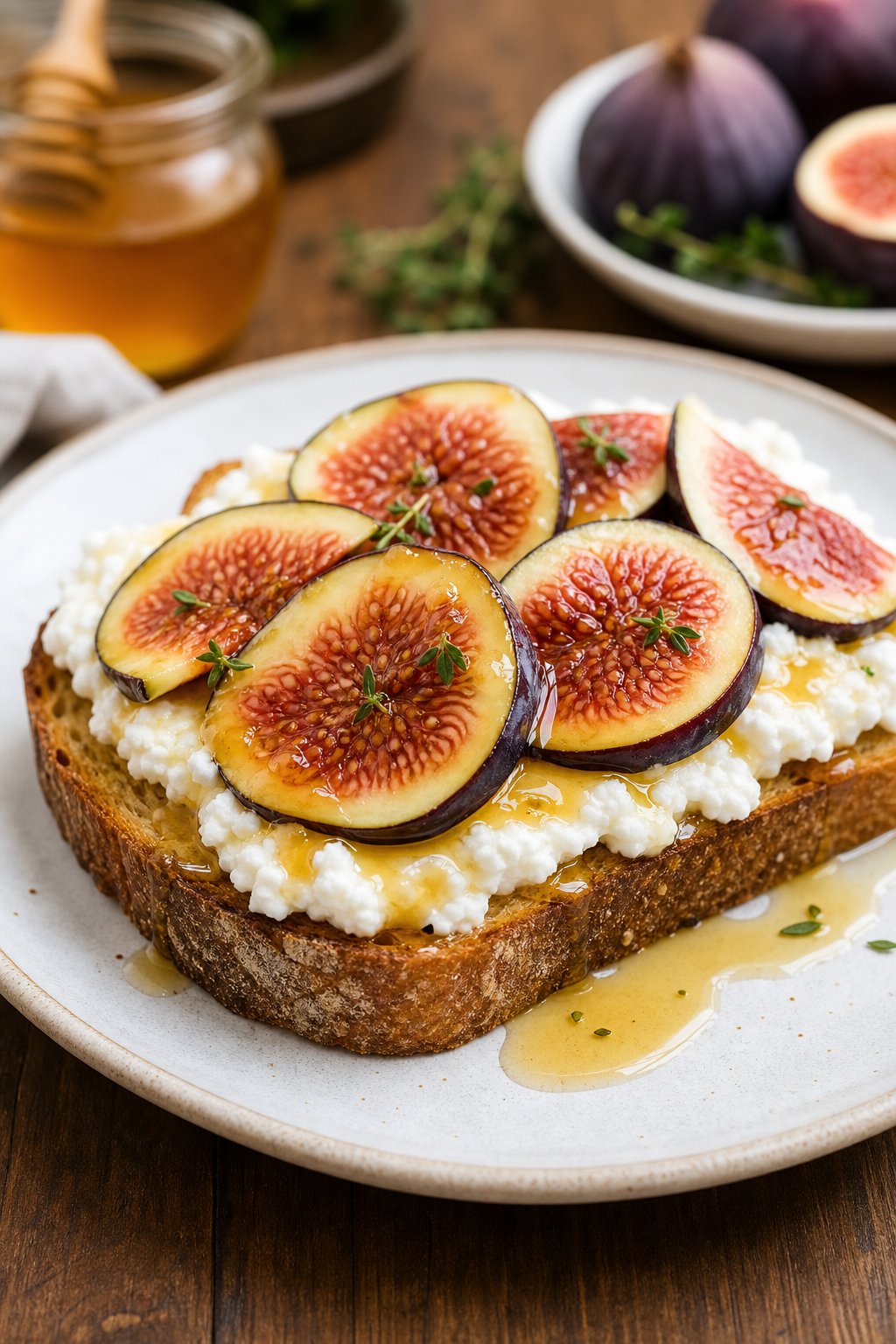 A slice of ricotta toast topped with fresh fig slices and honey on a plate.