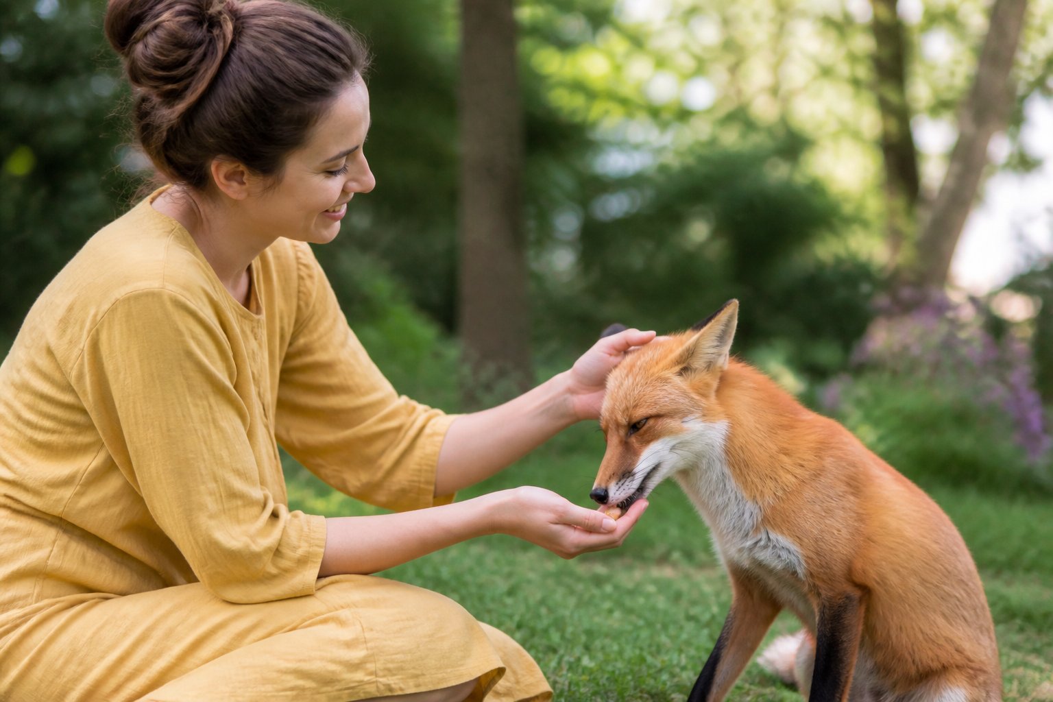 A person gently interacting with a calm fox outdoors in a green park setting.