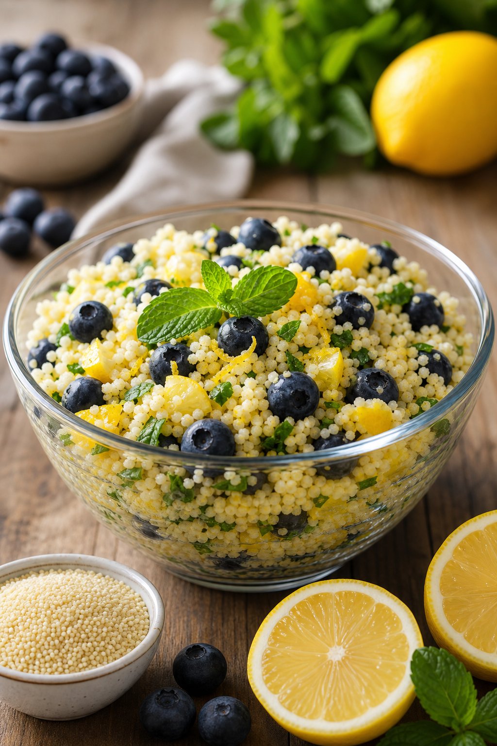 A bowl of blueberry lemon couscous salad with fresh blueberries and lemon slices on a wooden table.