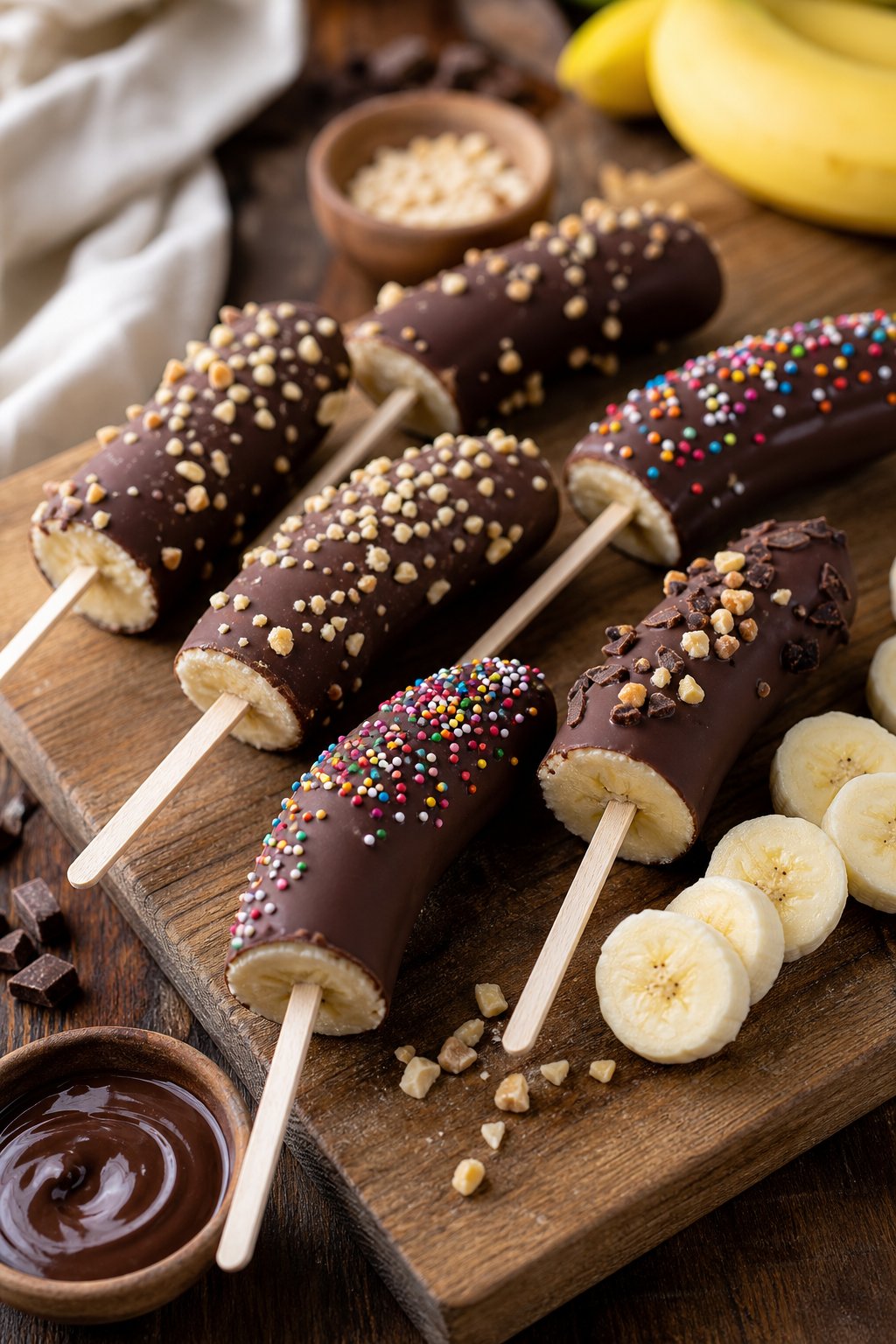 Several chocolate-dipped frozen banana pops arranged on a wooden board with banana slices and a bowl of melted chocolate nearby.