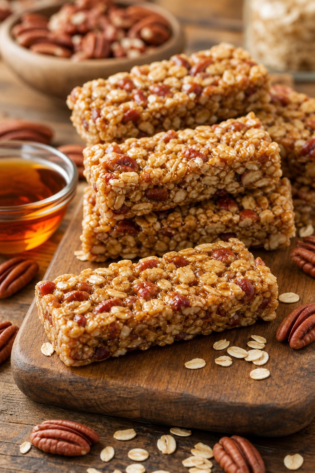 Close-up of several maple pecan granola bars on a wooden board with pecans and a bowl of maple syrup nearby.