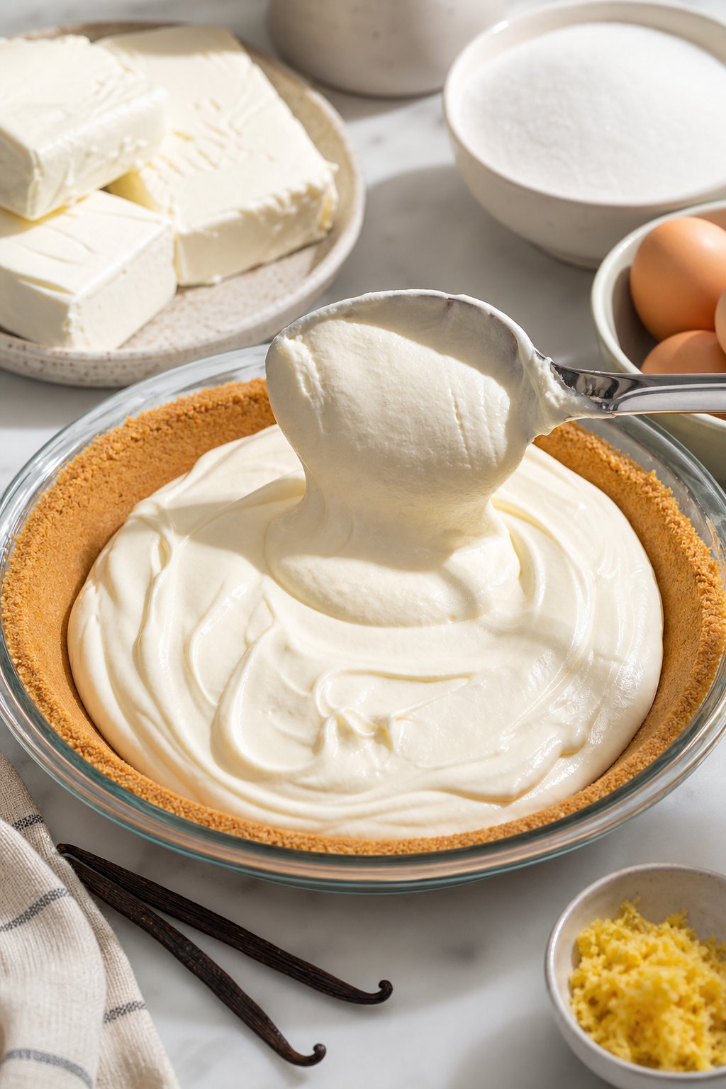 A glass pie dish with creamy cheesecake filling being spread over a graham cracker crust, surrounded by baking ingredients on a kitchen countertop.