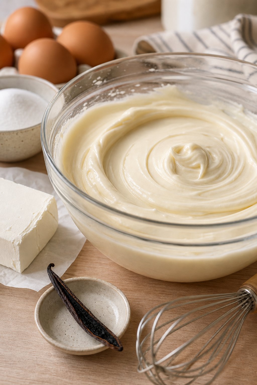 A glass bowl filled with smooth creamy cheesecake filling surrounded by cream cheese, eggs, sugar, and a vanilla bean on a wooden countertop.