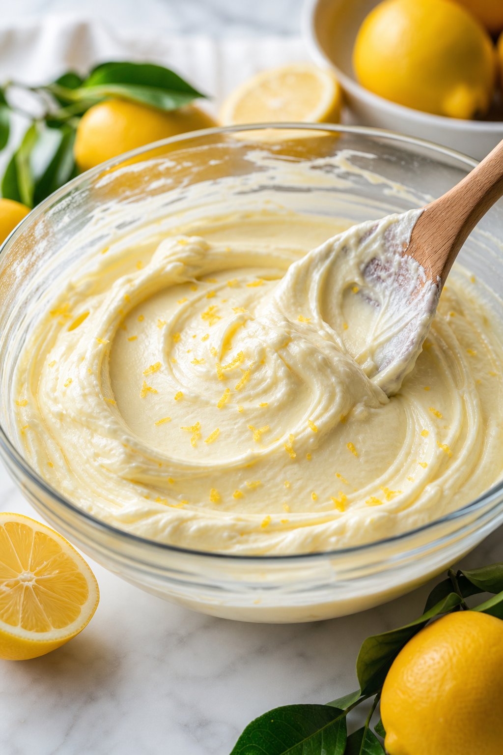 A glass bowl filled with creamy lemon-zest cheesecake filling surrounded by fresh lemons and a wooden spoon on a kitchen countertop.