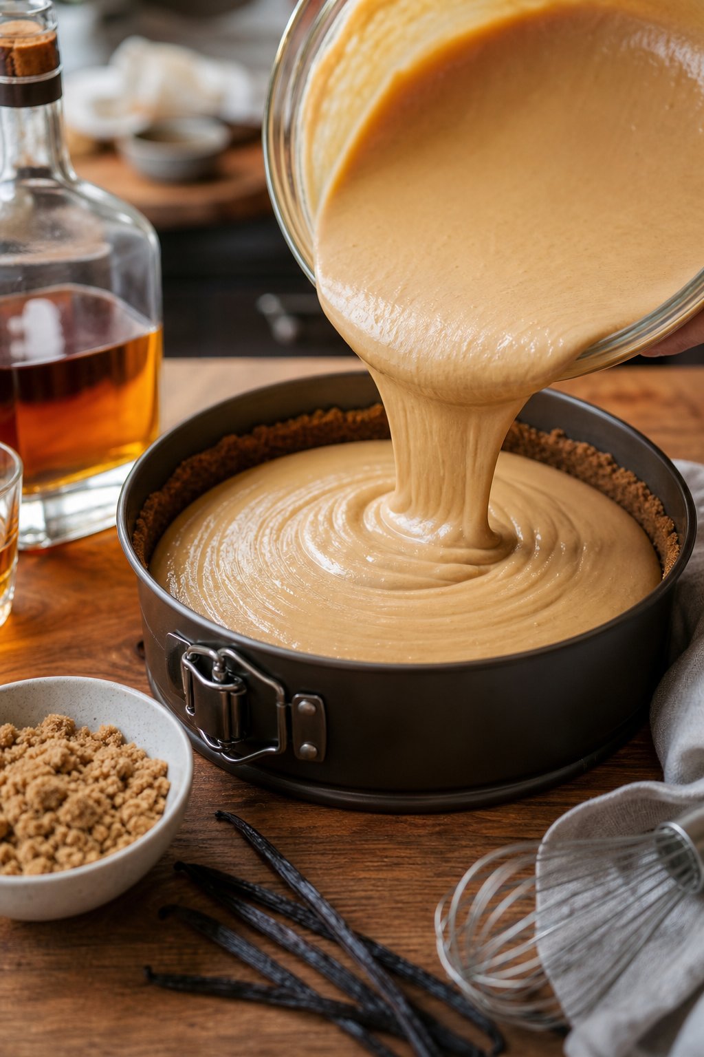 A close-up of brown sugar bourbon cheesecake filling being poured into a pan with baking ingredients on a wooden countertop.