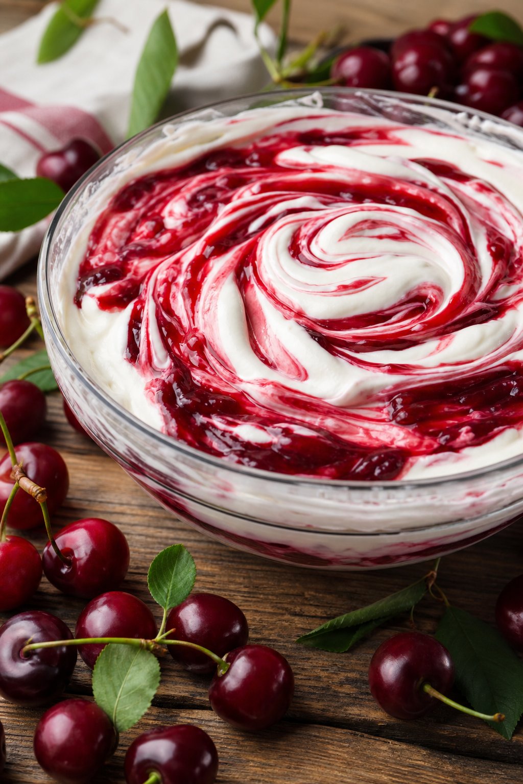 A bowl of creamy cheesecake filling swirled with sour cherry sauce, surrounded by fresh sour cherries on a wooden surface.