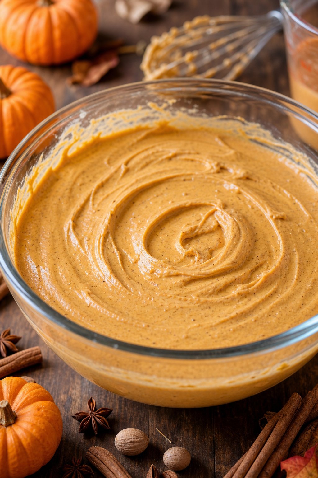 A bowl of creamy pumpkin spice cheesecake filling surrounded by autumn spices and small pumpkins on a wooden table.