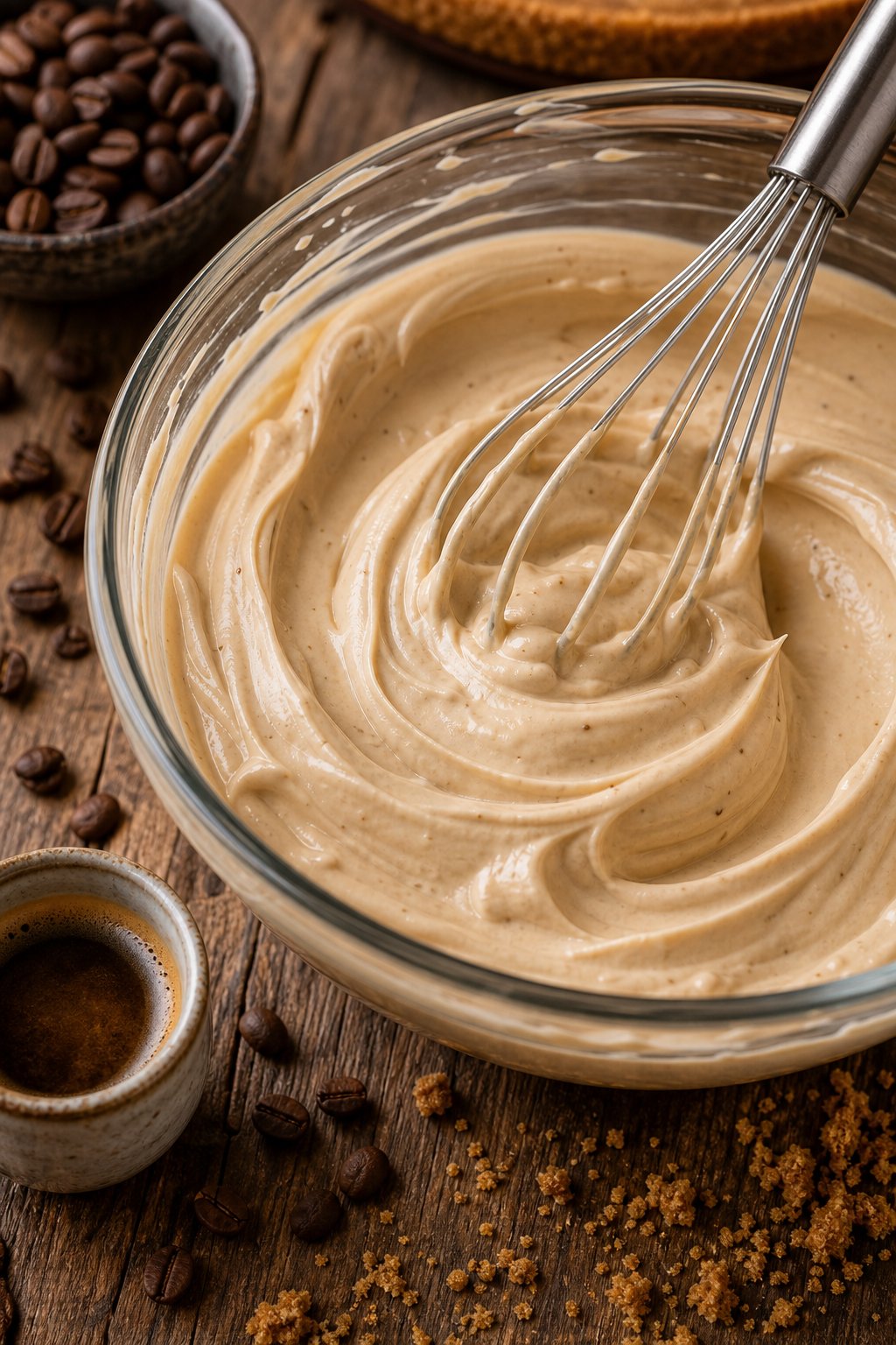 Close-up of creamy espresso-infused cheesecake filling in a glass bowl with a whisk, coffee beans, and an espresso cup on a wooden surface.