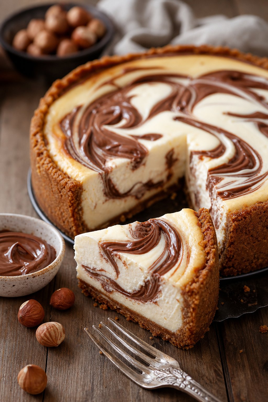 A sliced Philadelphia cheesecake with Nutella ribbons swirled through the creamy filling on a wooden table, accompanied by a bowl of Nutella and scattered hazelnuts.