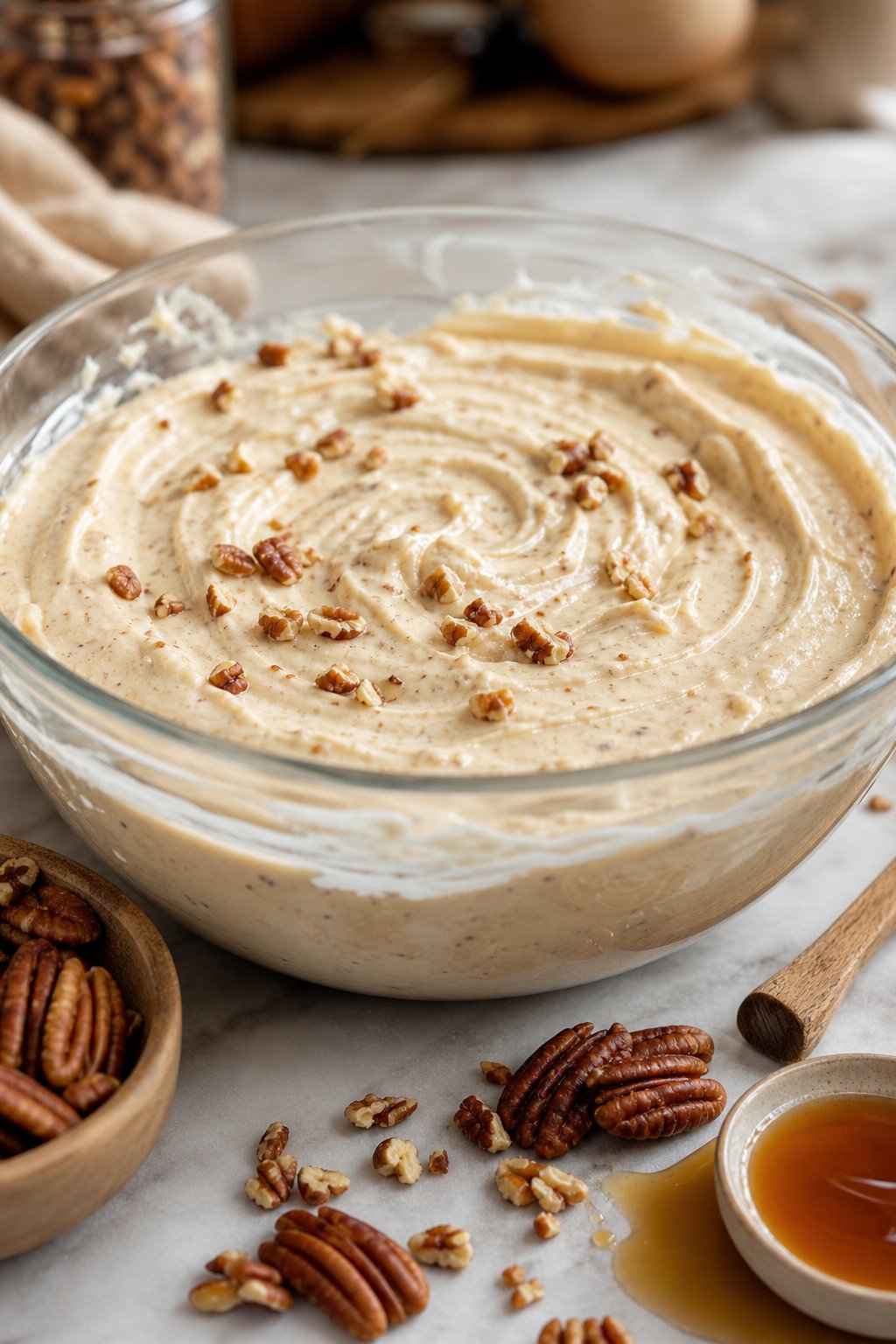 Close-up of creamy maple pecan cheesecake filling in a glass bowl with pecans and maple syrup on a kitchen countertop.