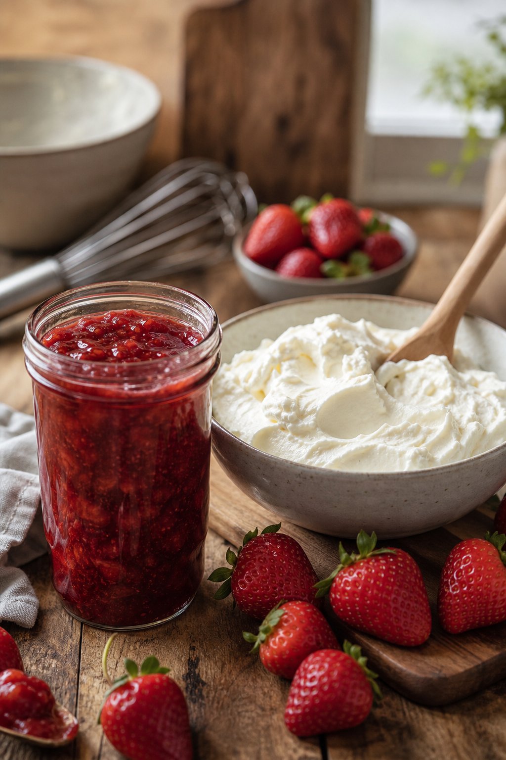 A jar of strawberry jam and a bowl of creamy cheesecake filling on a wooden countertop with fresh strawberries around them.