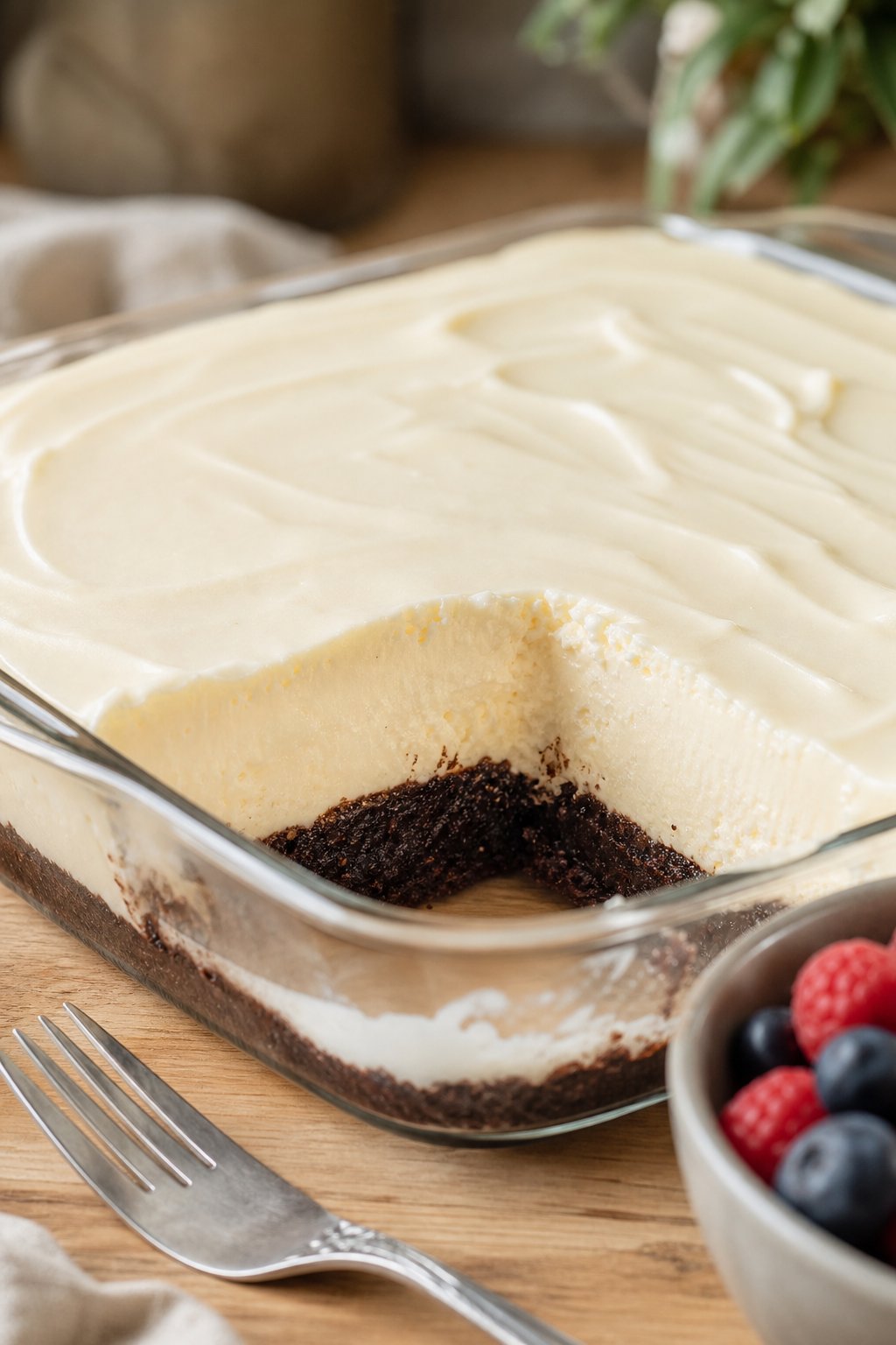 Close-up of a creamy cheesecake filling layered on a brownie crust in a dish, with fresh berries and a dessert fork nearby.
