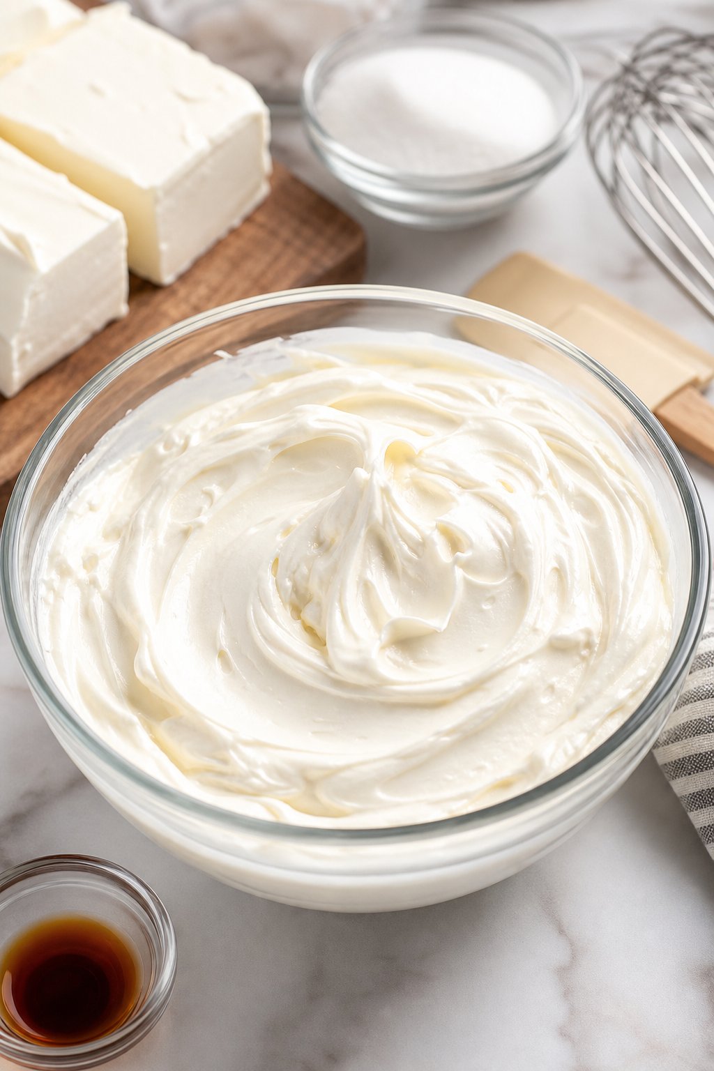 A bowl of creamy no-bake Philadelphia whipped cheesecake filling surrounded by baking ingredients on a kitchen countertop.