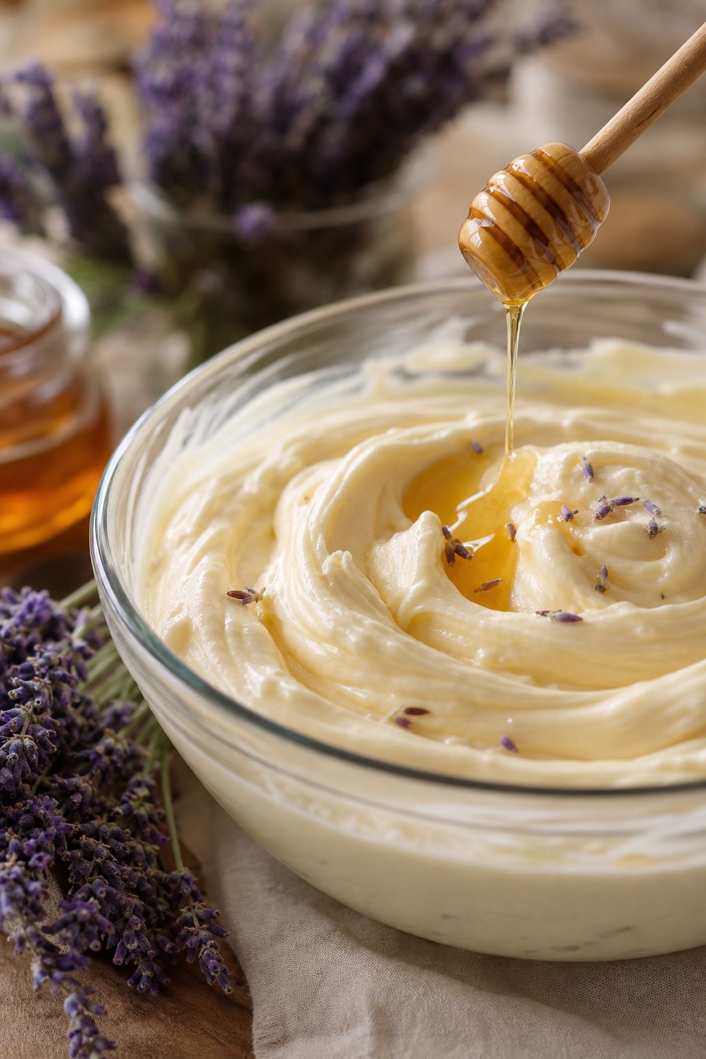 A glass bowl filled with creamy honey-lavender cheesecake filling surrounded by fresh lavender and a honey dipper.