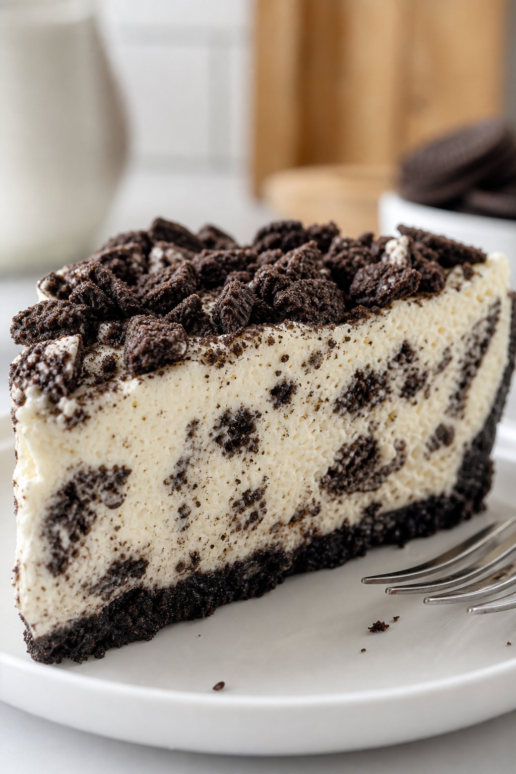 A close-up of a slice of cheesecake with Oreo cookie crumble filling on a white plate.
