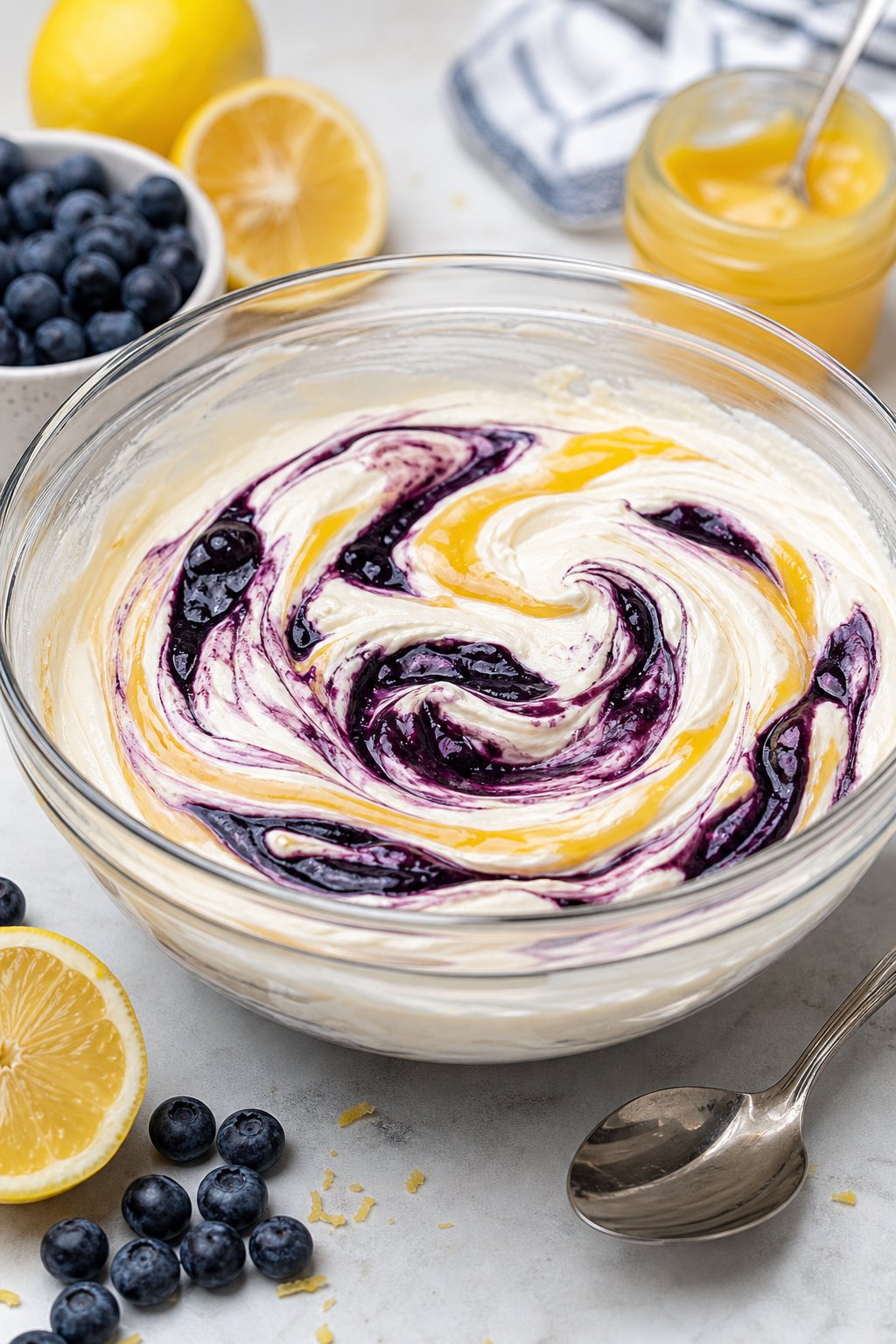 A bowl of creamy cheesecake filling swirled with blueberry and lemon curd, surrounded by fresh blueberries and lemon slices on a kitchen counter.
