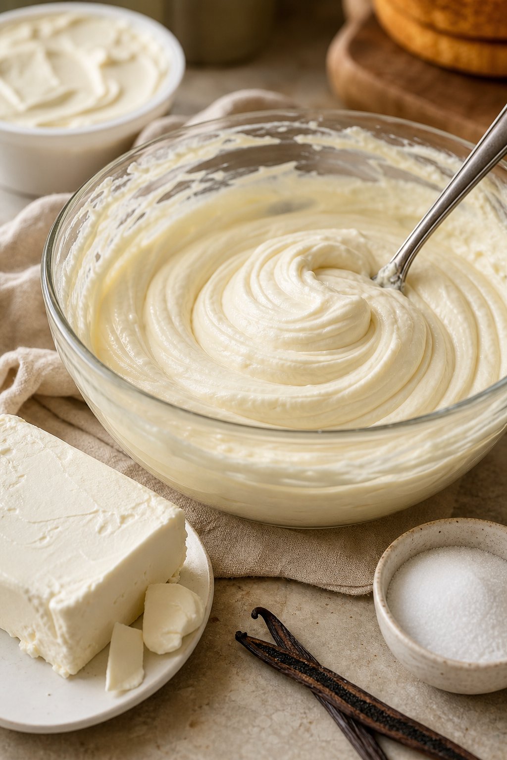 A glass bowl filled with smooth creamy cheesecake filling surrounded by cream cheese, mascarpone, vanilla bean, and sugar on a kitchen counter.