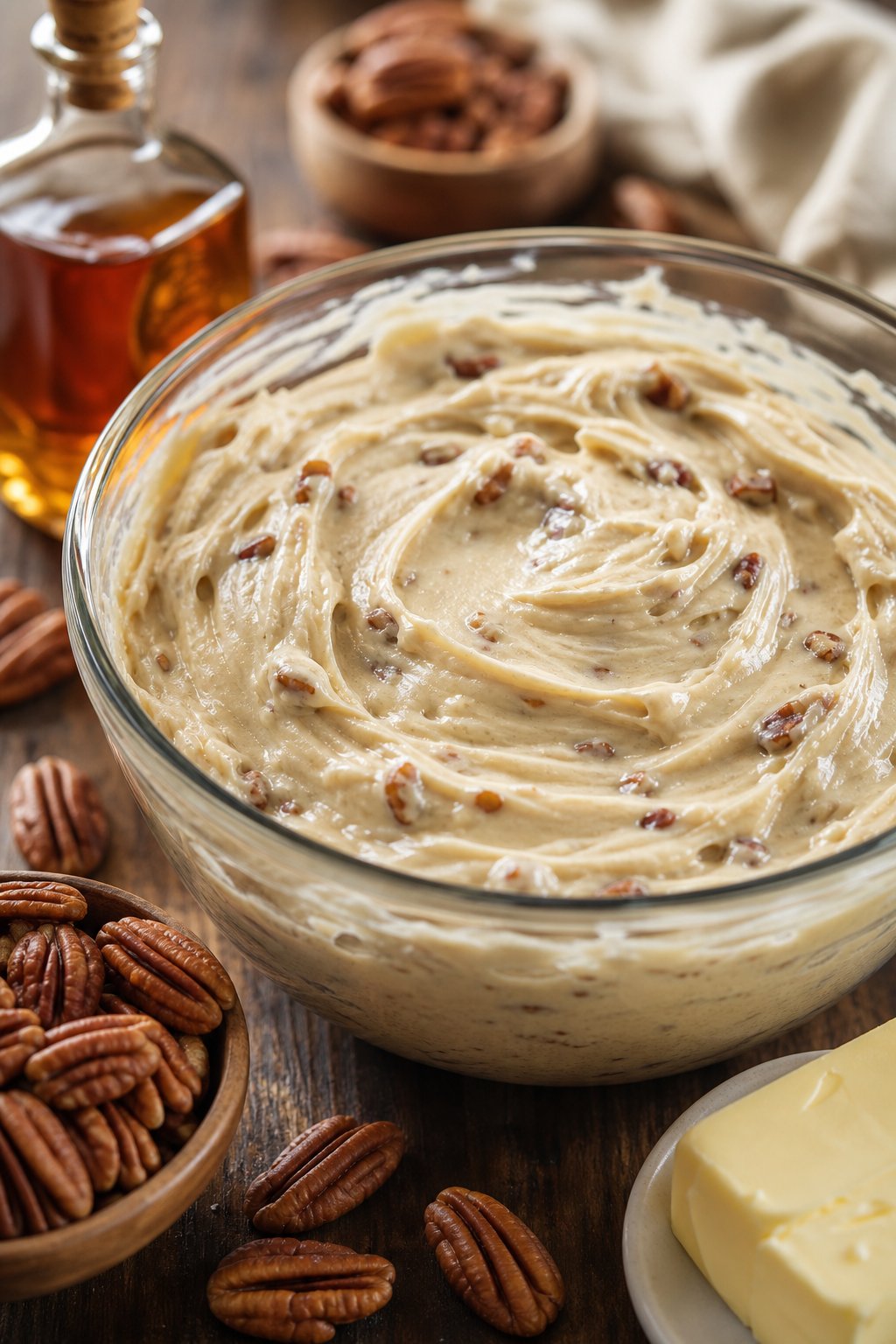 A bowl of creamy butter pecan rum cheesecake filling with pecans and rum bottle on a wooden surface.