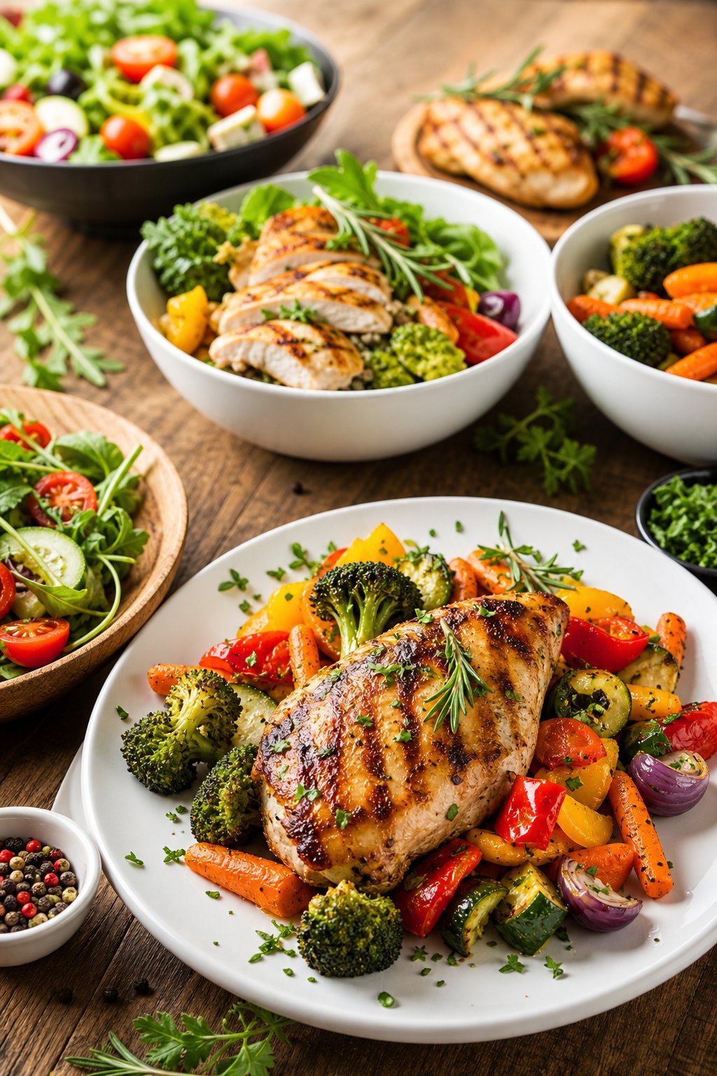 23 Healthy Chicken and Vegetable Recipes That Taste Amazing and Are Easy to Make! 2 A table filled with various healthy chicken and vegetable dishes, including grilled chicken, roasted vegetables, and fresh salads.