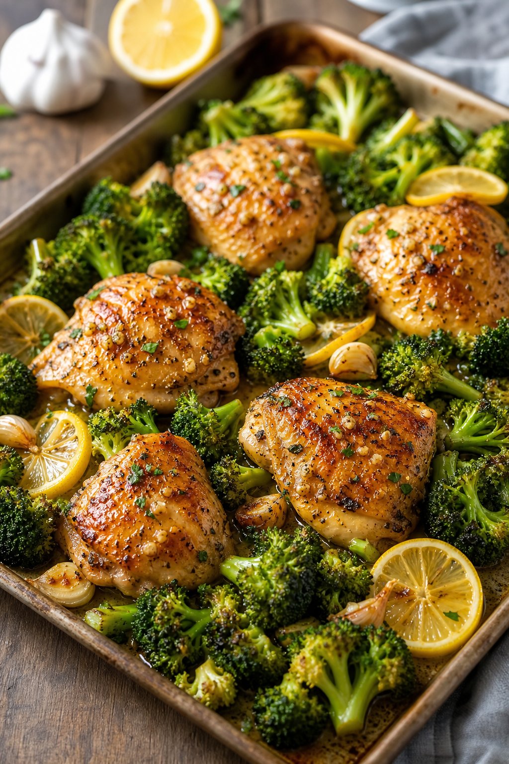 23 Healthy Chicken and Vegetable Recipes That Taste Amazing and Are Easy to Make! 3 A sheet pan with roasted lemon-garlic chicken thighs and broccoli florets.