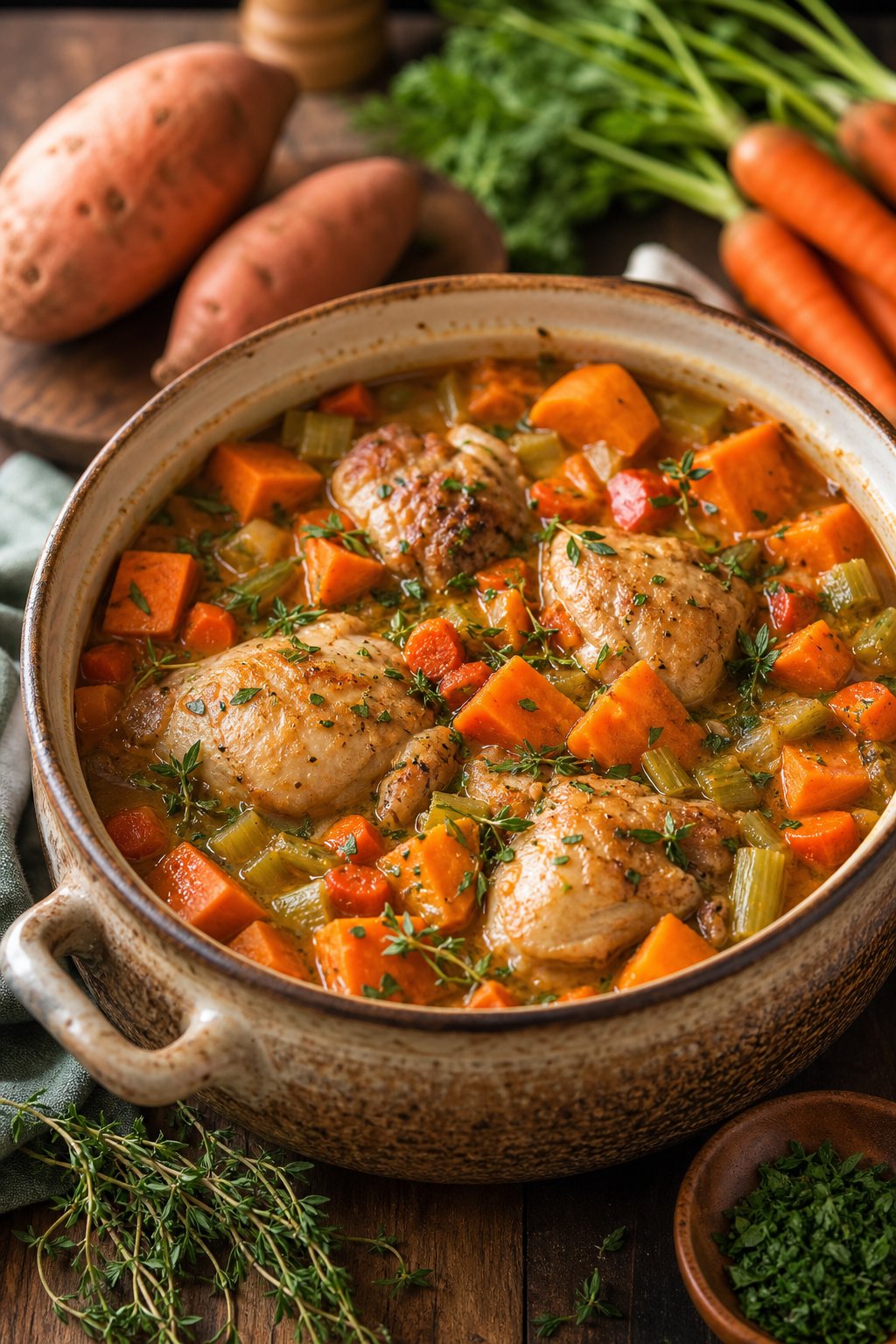 23 Healthy Chicken and Vegetable Recipes That Taste Amazing and Are Easy to Make! 4 A steaming pot of chicken and vegetable stew with sweet potatoes, carrots, and herbs on a wooden table.