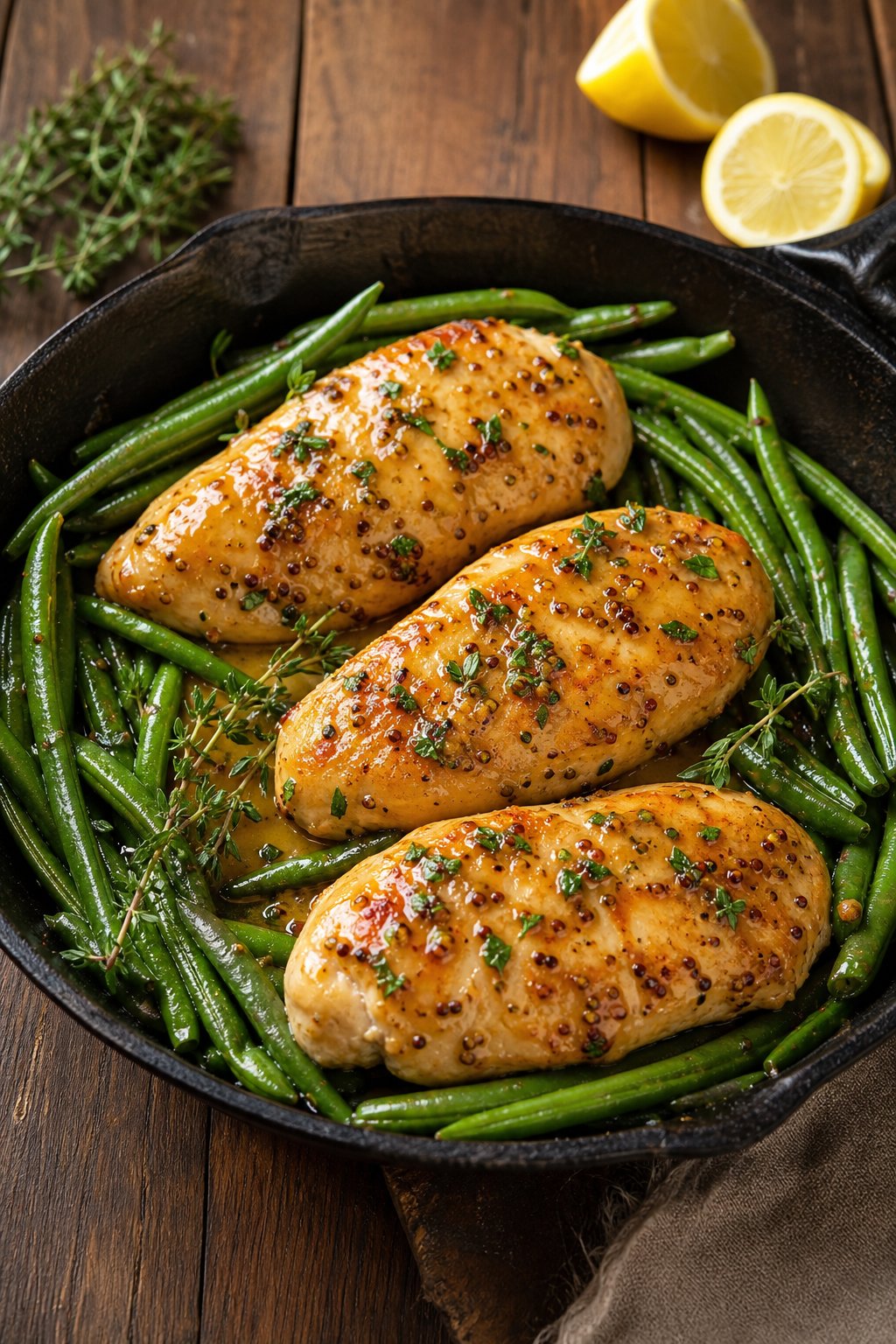 23 Healthy Chicken and Vegetable Recipes That Taste Amazing and Are Easy to Make! 5 A skillet with honey-mustard glazed chicken breasts and green beans on a wooden table.