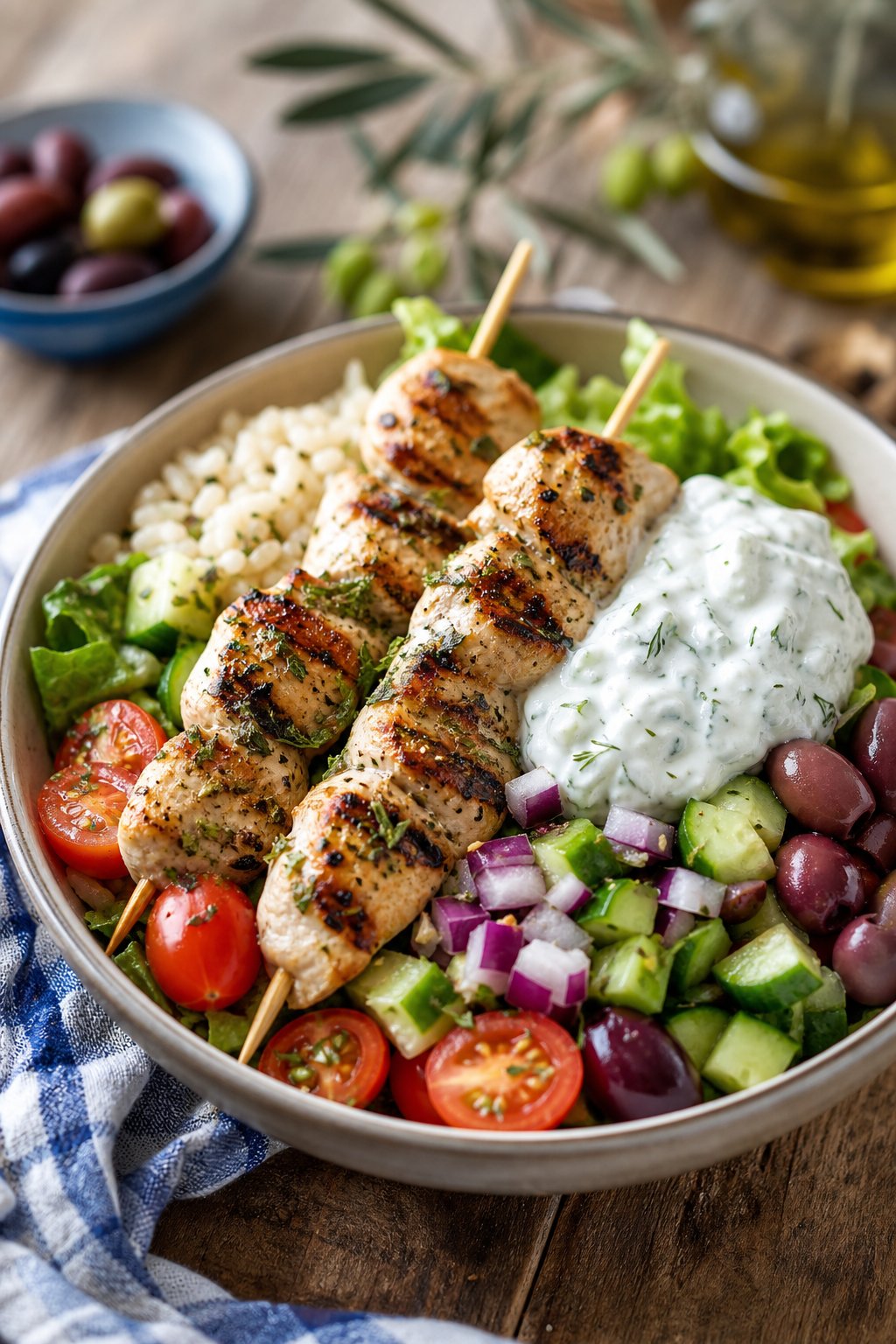 23 Healthy Chicken and Vegetable Recipes That Taste Amazing and Are Easy to Make! 6 A bowl of grilled chicken souvlaki with rice, cucumbers, tomatoes, olives, and tzatziki sauce.