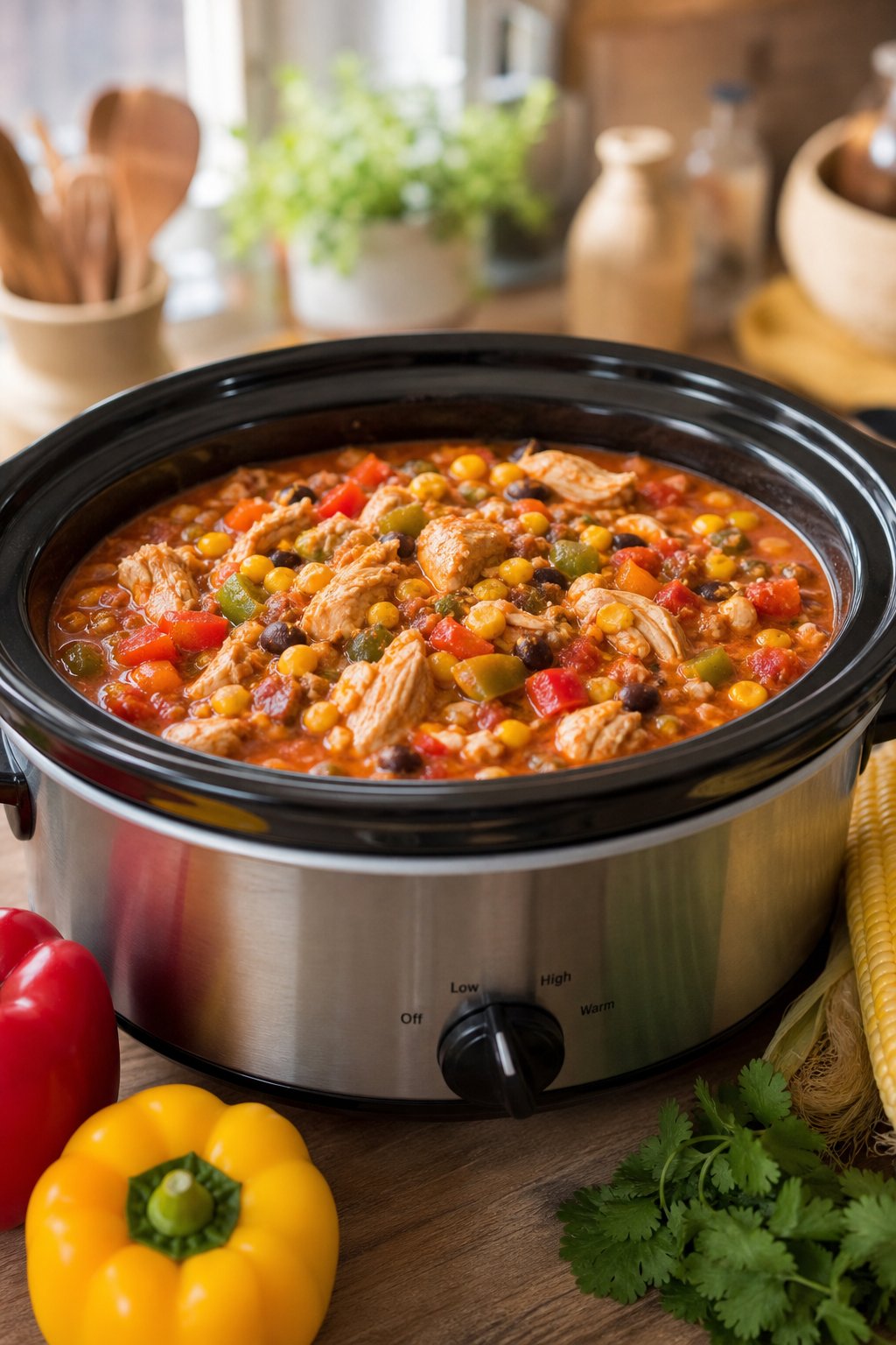 23 Healthy Chicken and Vegetable Recipes That Taste Amazing and Are Easy to Make! 7 A slow-cooker filled with chicken chili containing corn and colorful bell peppers on a wooden kitchen countertop with fresh vegetables nearby.