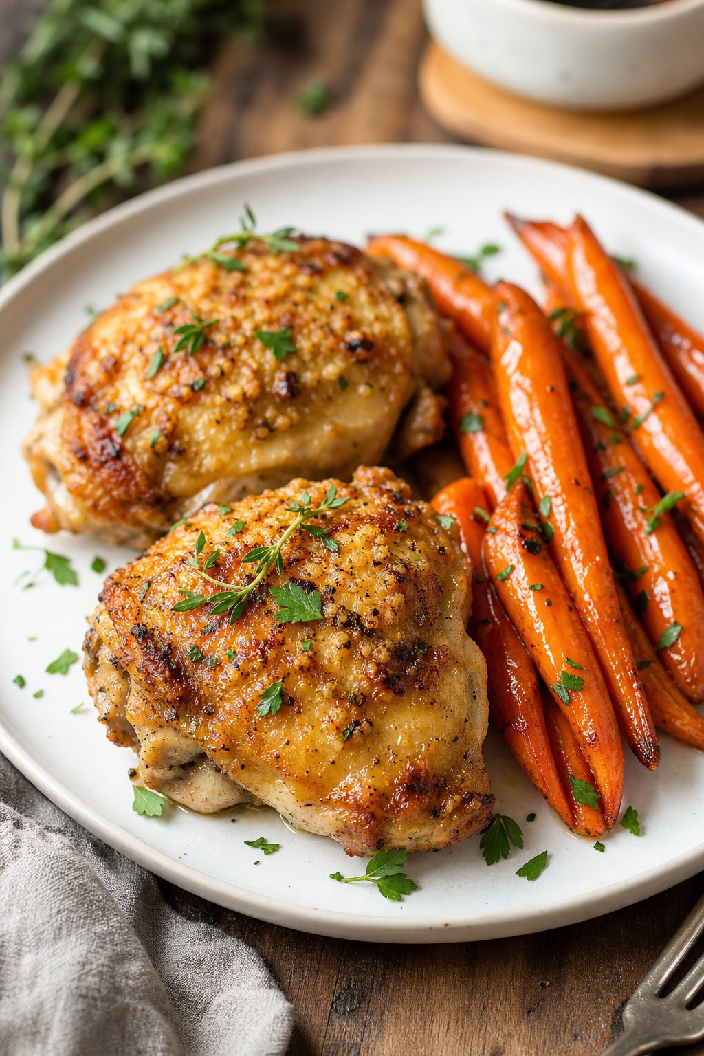 23 Healthy Chicken and Vegetable Recipes That Taste Amazing and Are Easy to Make! 8 A plate of garlic-parmesan roasted chicken thighs with roasted carrots on a wooden table.