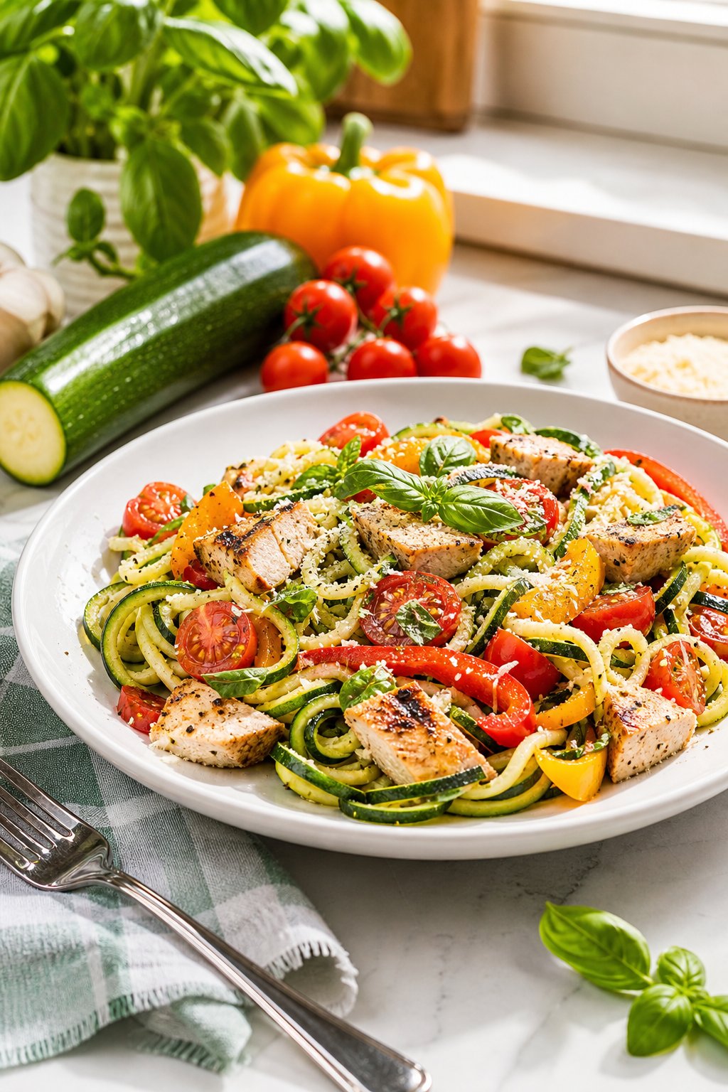23 Healthy Chicken and Vegetable Recipes That Taste Amazing and Are Easy to Make! 9 A plate of chicken and zucchini noodle primavera with colorful vegetables on a kitchen table.